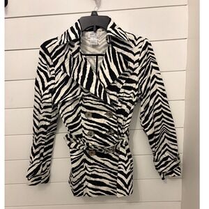 Just B Zebra Print Trench Coat Women's Small Belted Double Breasted Animal‎